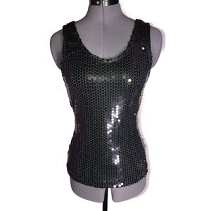 VTG Y2K Black Sequin Disco Tank Top Clubwear Sparkle Sleeveless Night Out S B30"